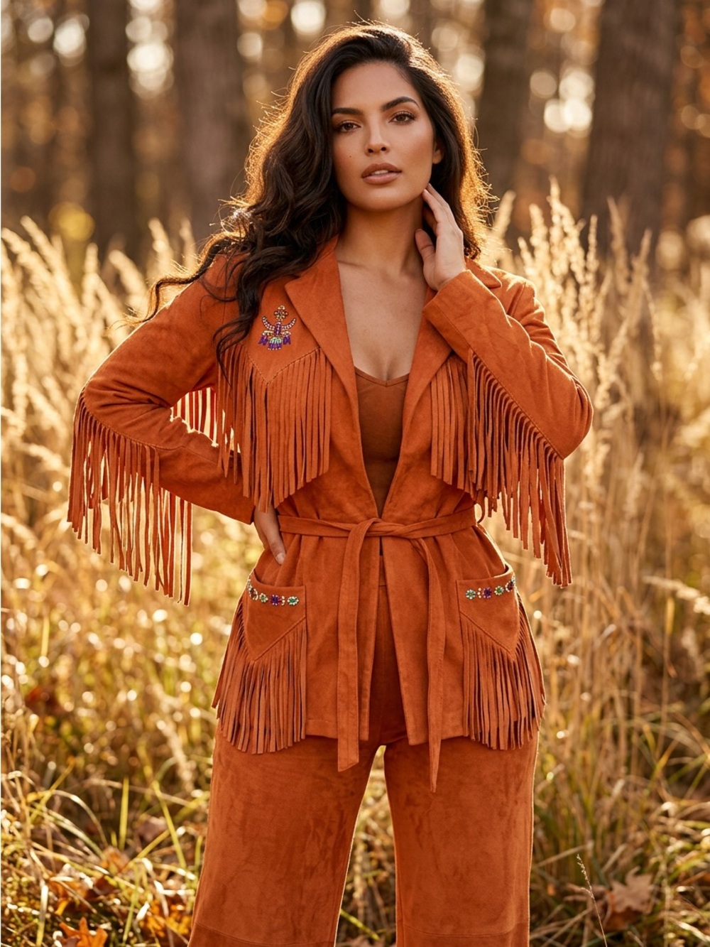 Vintage Womens Fringe Embroidered Suede Jacket With Belt Artisan Designed - Picture 13 of 13